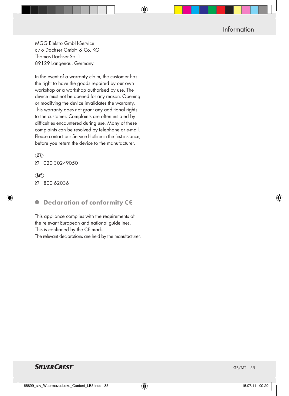 Information, Declaration of conformity | Silvercrest Electric Blanket User Manual | Page 31 / 40