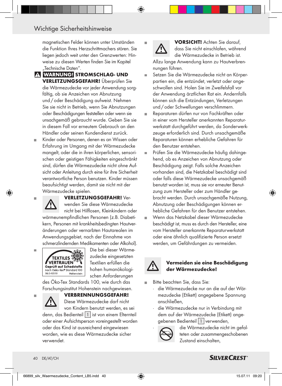 Wichtige sicherheitshinweise | Silvercrest Electric Blanket User Manual | Page 36 / 40