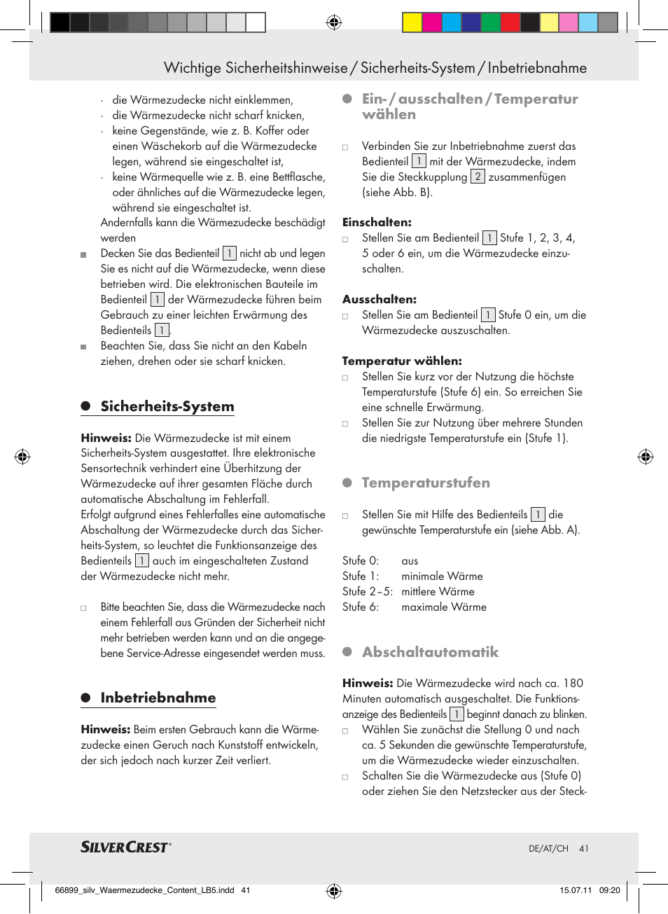 Sicherheits-system, Inbetriebnahme, Ein- / ausschalten / temperatur wählen | Temperaturstufen, Abschaltautomatik | Silvercrest Electric Blanket User Manual | Page 37 / 40