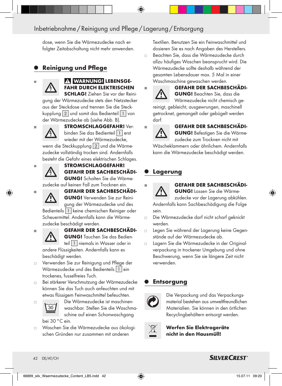 Reinigung und pflege, Lagerung, Entsorgung | Silvercrest Electric Blanket User Manual | Page 38 / 40