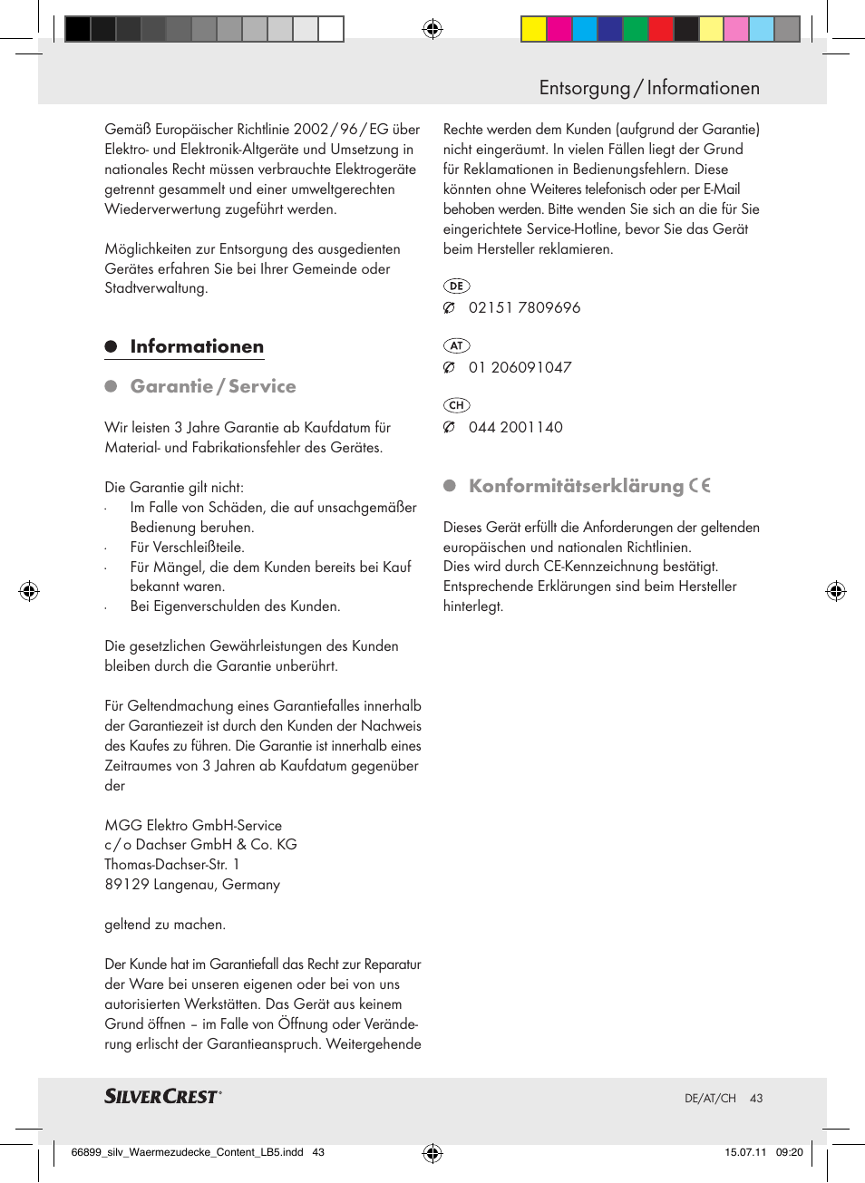 Entsorgung / informationen, Informationen, Garantie / service | Konformitätserklärung | Silvercrest Electric Blanket User Manual | Page 39 / 40