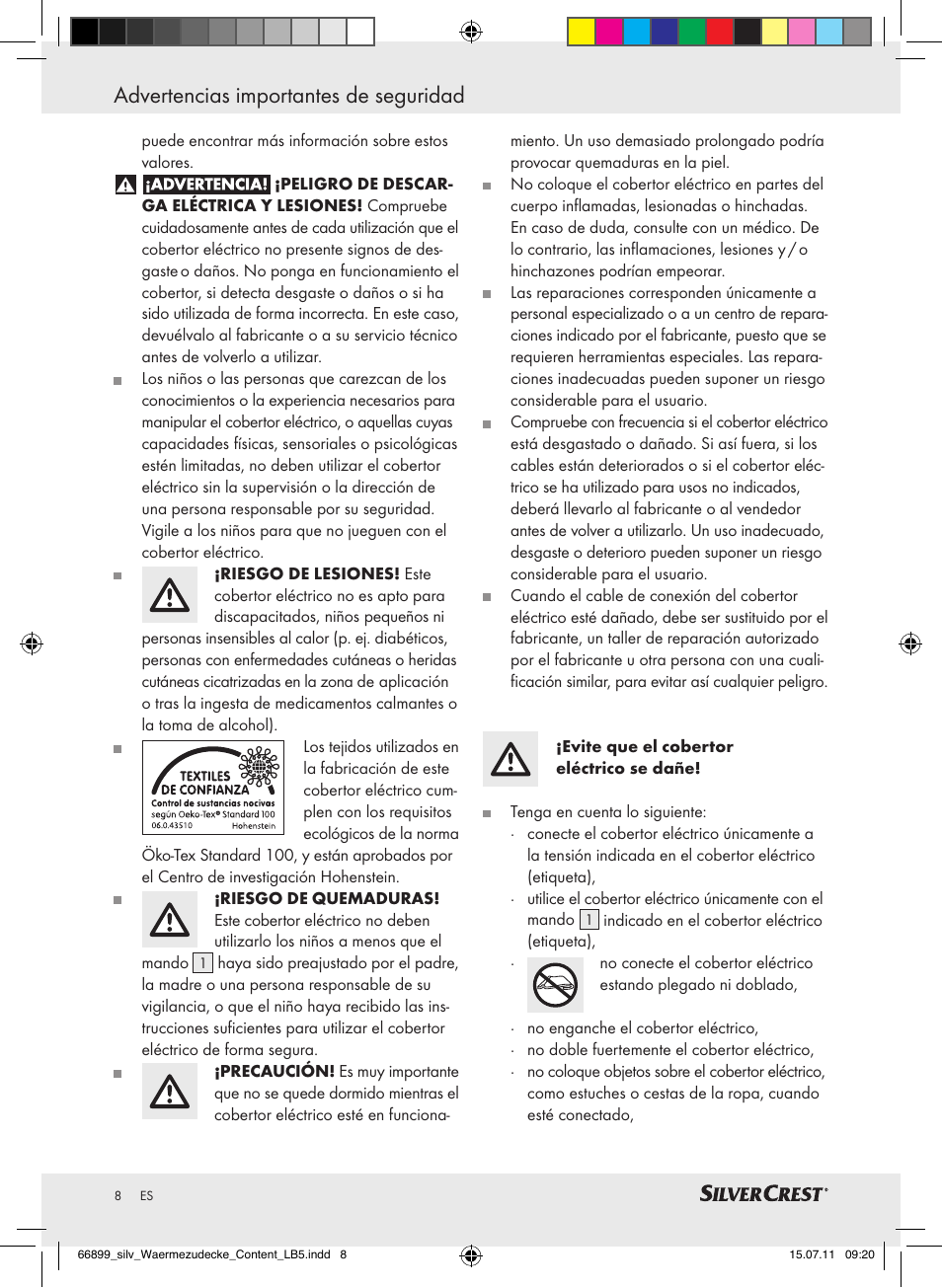 Advertencias importantes de seguridad | Silvercrest Electric Blanket User Manual | Page 4 / 40