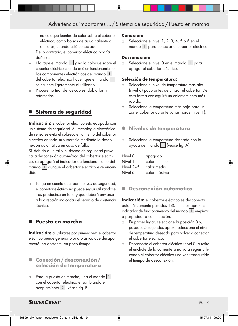 Sistema de seguridad, Puesta en marcha, Conexión / desconexión / selección de temperatura | Niveles de temperatura, Desconexión automática | Silvercrest Electric Blanket User Manual | Page 5 / 40