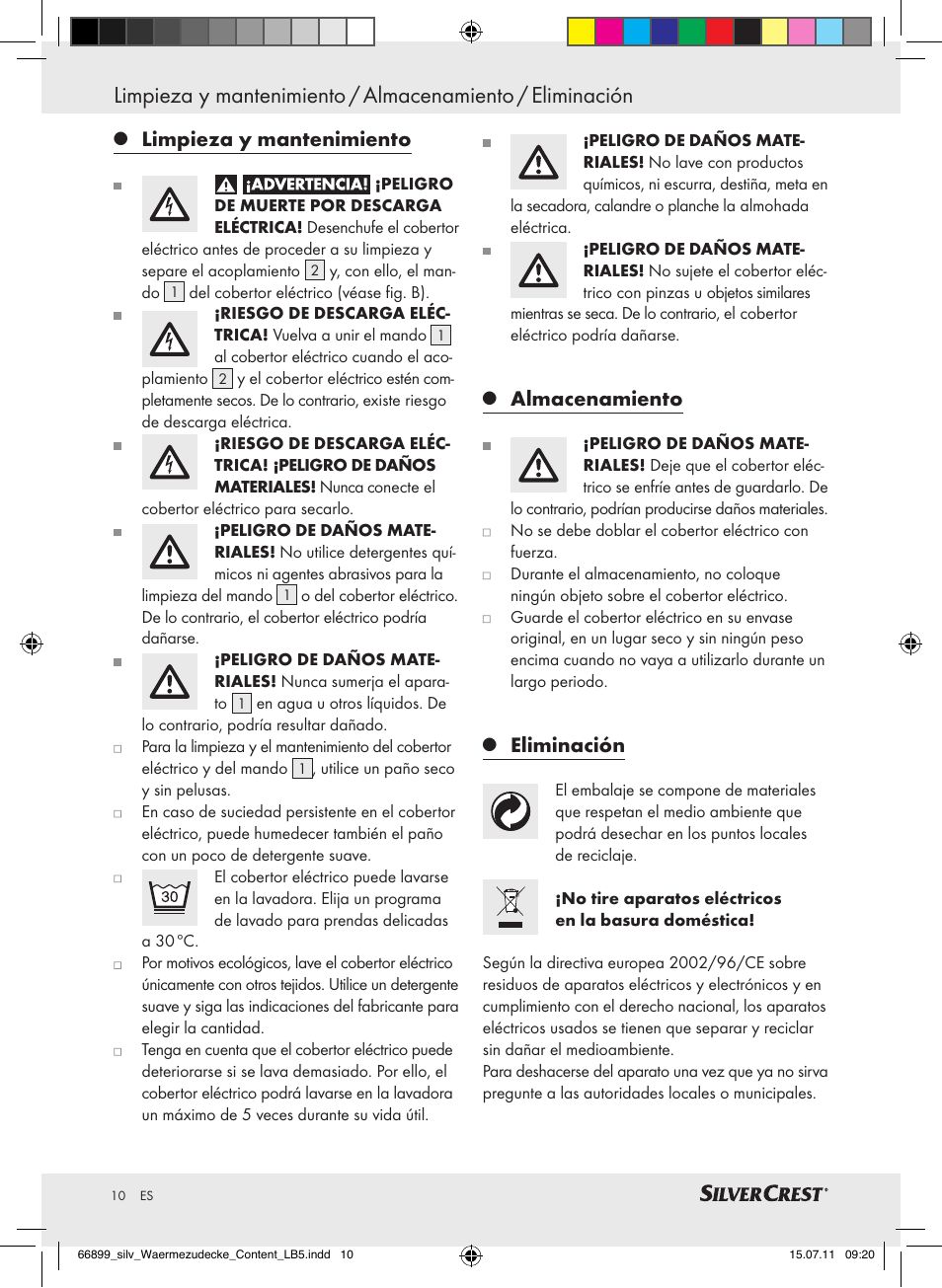 Limpieza y mantenimiento, Almacenamiento, Eliminación | Silvercrest Electric Blanket User Manual | Page 6 / 40