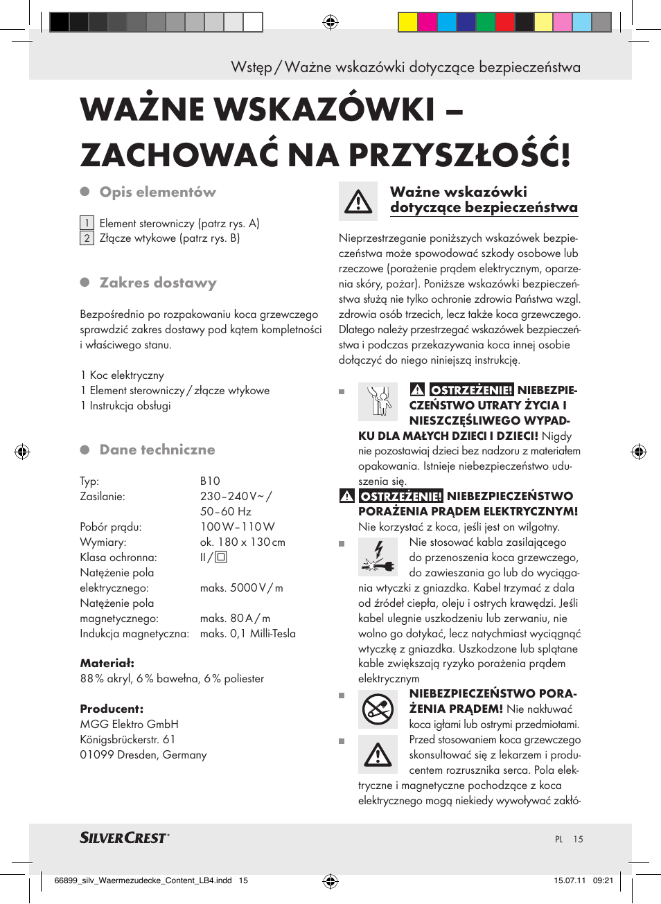 Ważne wskazówki – zachować na przyszłość, Wstęp / ważne wskazówki dotyczące bezpieczeństwa, Opis elementów | Zakres dostawy, Dane techniczne, Ważne wskazówki dotyczące bezpieczeństwa | Silvercrest Electric Blanket User Manual | Page 11 / 56