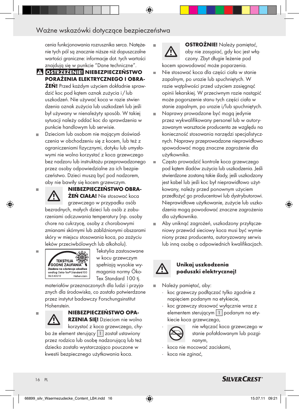 Ważne wskazówki dotyczące bezpieczeństwa | Silvercrest Electric Blanket User Manual | Page 12 / 56