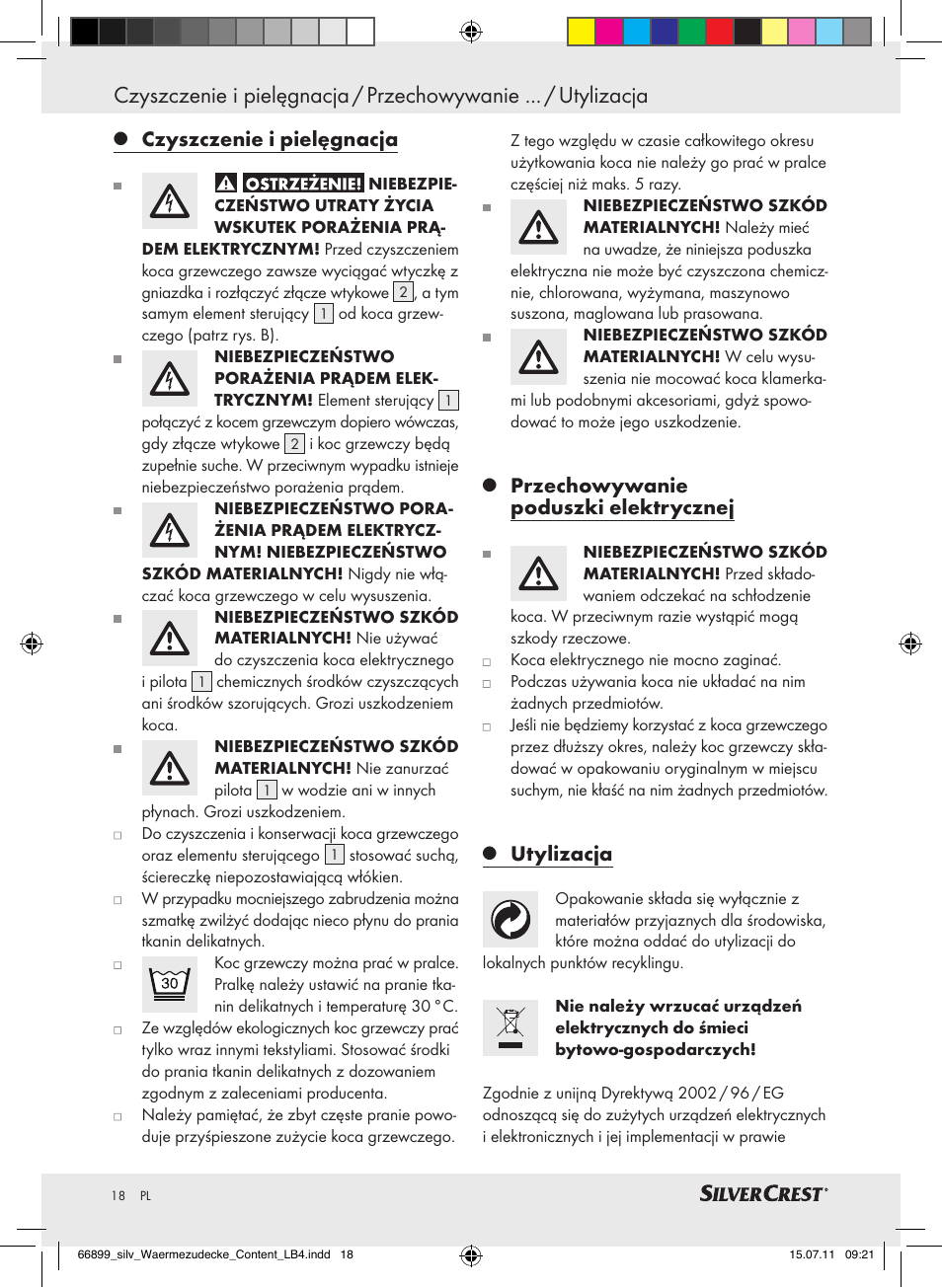 Czyszczenie i pielęgnacja, Przechowywanie poduszki elektrycznej, Utylizacja | Silvercrest Electric Blanket User Manual | Page 14 / 56