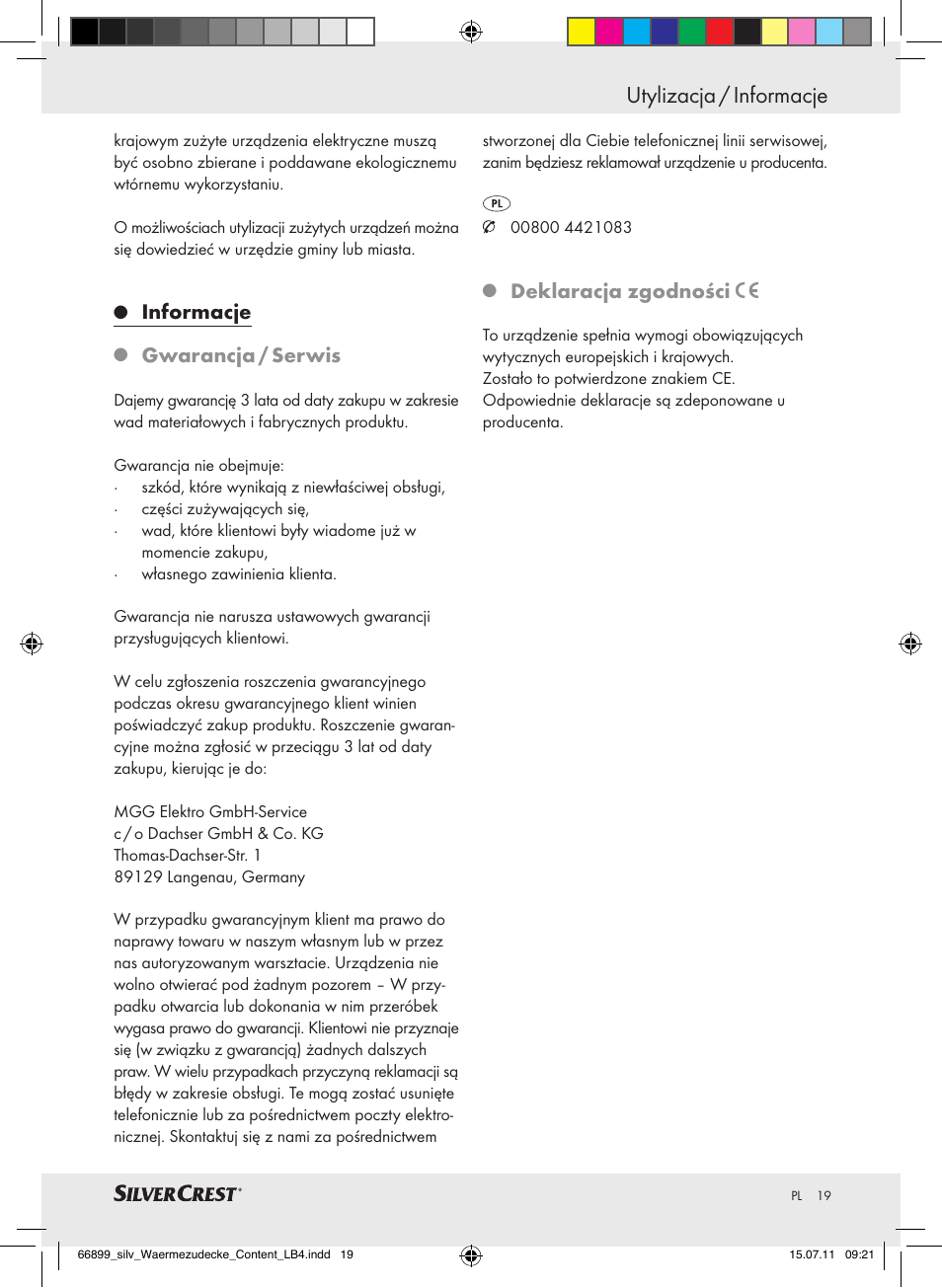 Utylizacja / informacje, Informacje, Gwarancja / serwis | Deklaracja zgodności | Silvercrest Electric Blanket User Manual | Page 15 / 56