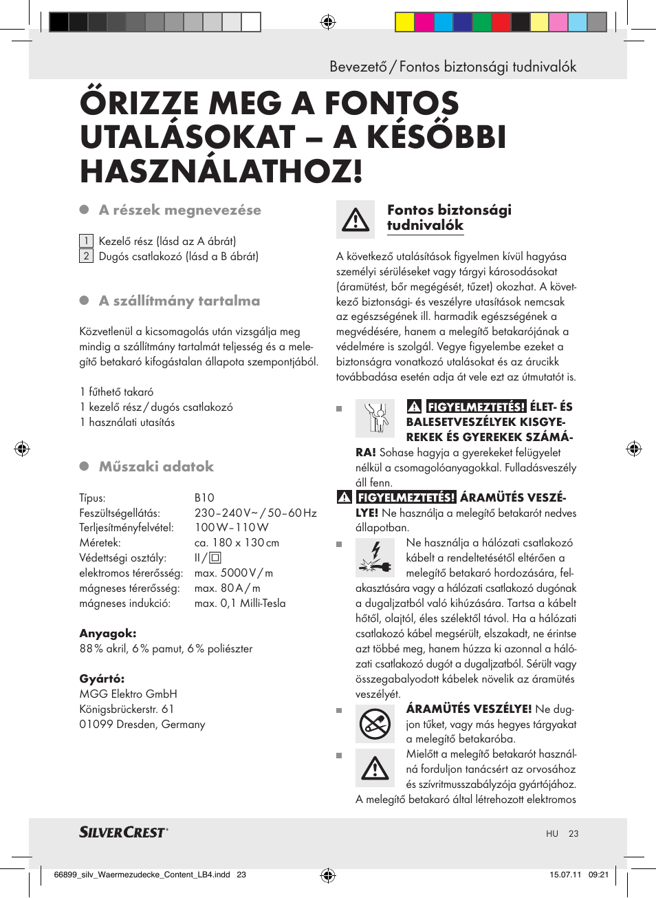 Bevezető / fontos biztonsági tudnivalók | Silvercrest Electric Blanket User Manual | Page 19 / 56