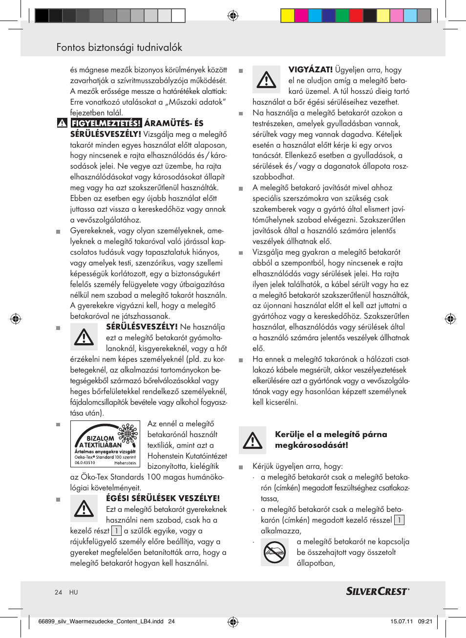 Fontos biztonsági tudnivalók | Silvercrest Electric Blanket User Manual | Page 20 / 56