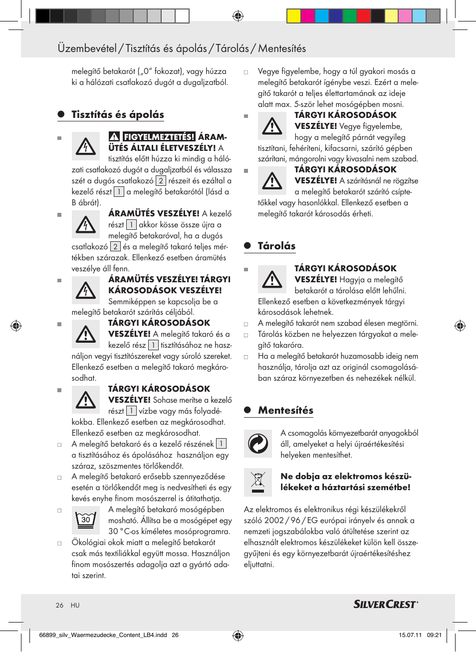 Tisztítás és ápolás, Tárolás, Mentesítés | Silvercrest Electric Blanket User Manual | Page 22 / 56
