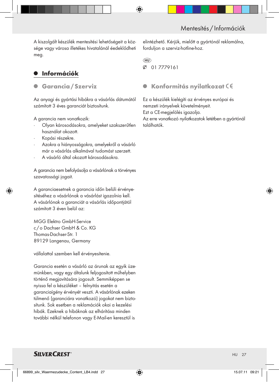 Mentesítés / információk, Információk, Garancia / szerviz | Konformitás nyilatkozat | Silvercrest Electric Blanket User Manual | Page 23 / 56
