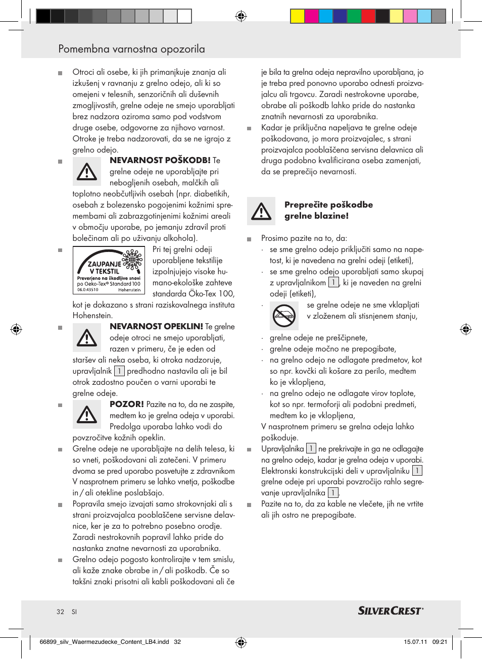 Pomembna varnostna opozorila | Silvercrest Electric Blanket User Manual | Page 28 / 56