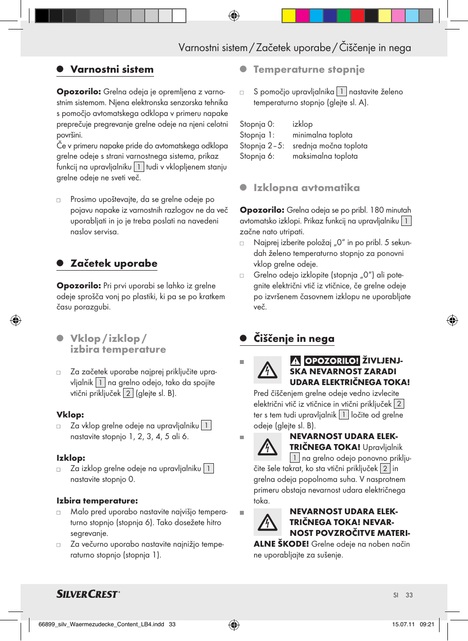 Varnostni sistem, Začetek uporabe, Vklop / izklop / izbira temperature | Temperaturne stopnje, Izklopna avtomatika, Čiščenje in nega | Silvercrest Electric Blanket User Manual | Page 29 / 56