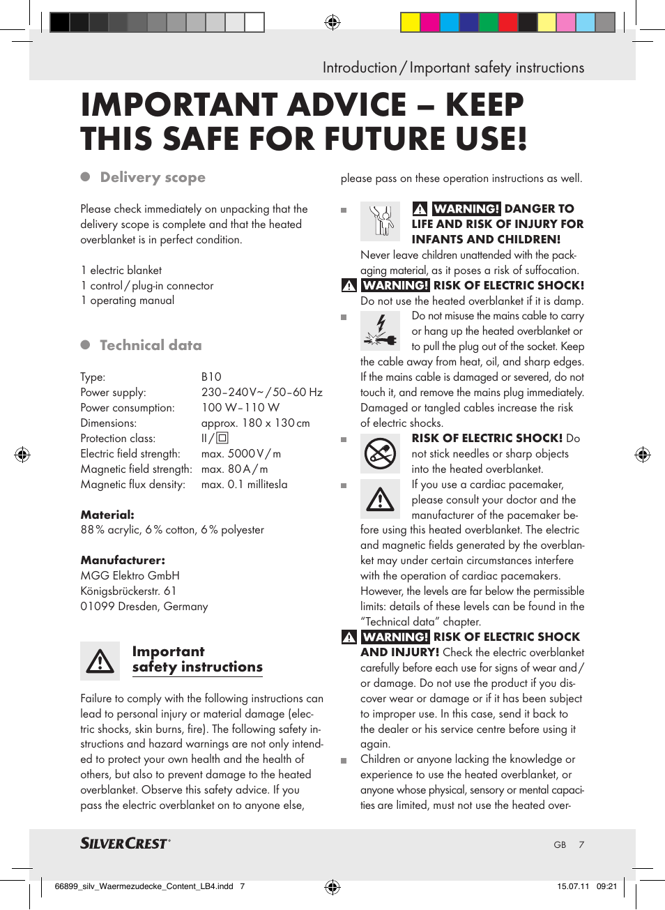 Important advice – keep this safe for future use, Introduction / important safety instructions | Silvercrest Electric Blanket User Manual | Page 3 / 56