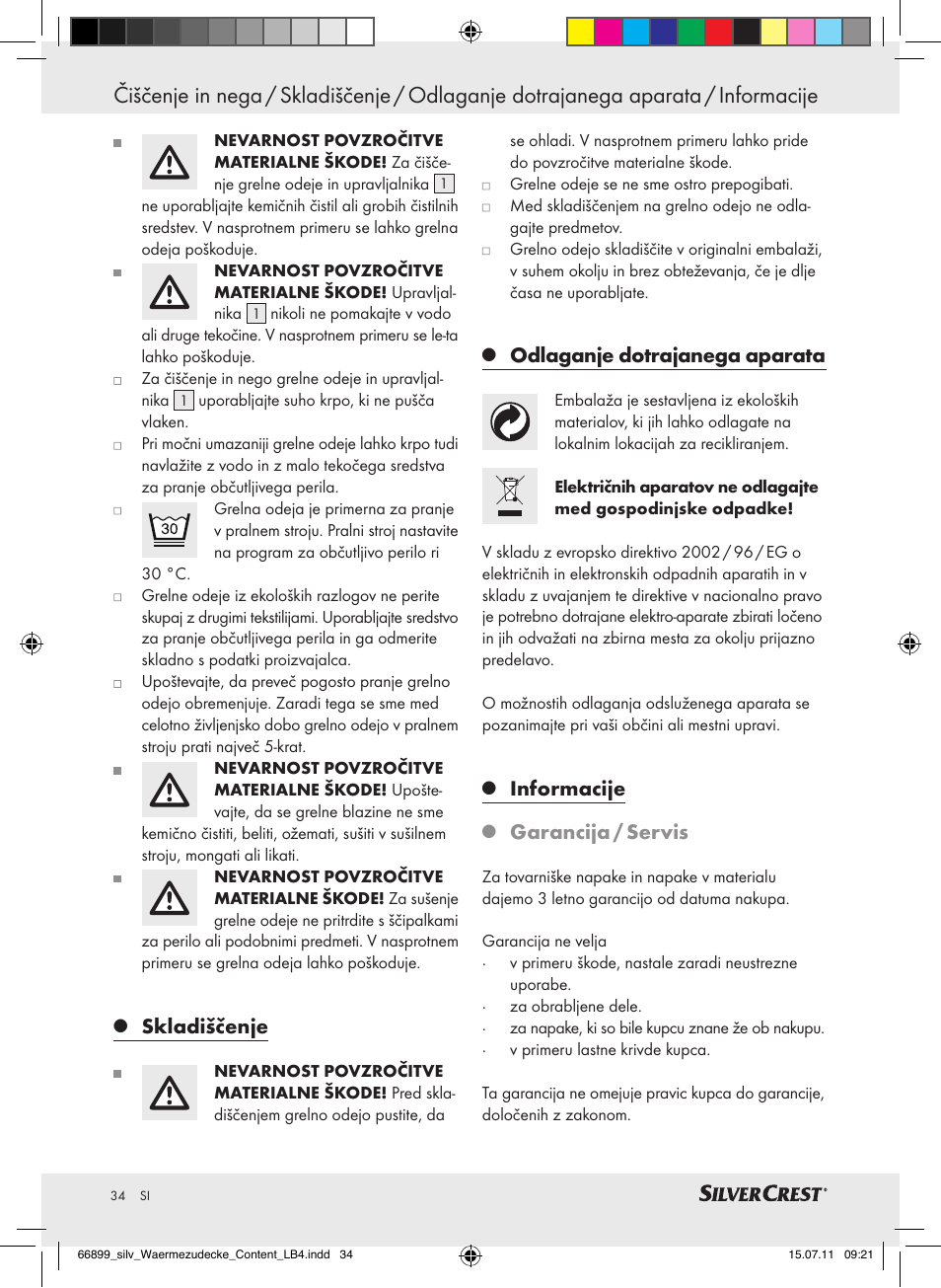 Skladiščenje, Odlaganje dotrajanega aparata, Informacije | Garancija / servis | Silvercrest Electric Blanket User Manual | Page 30 / 56