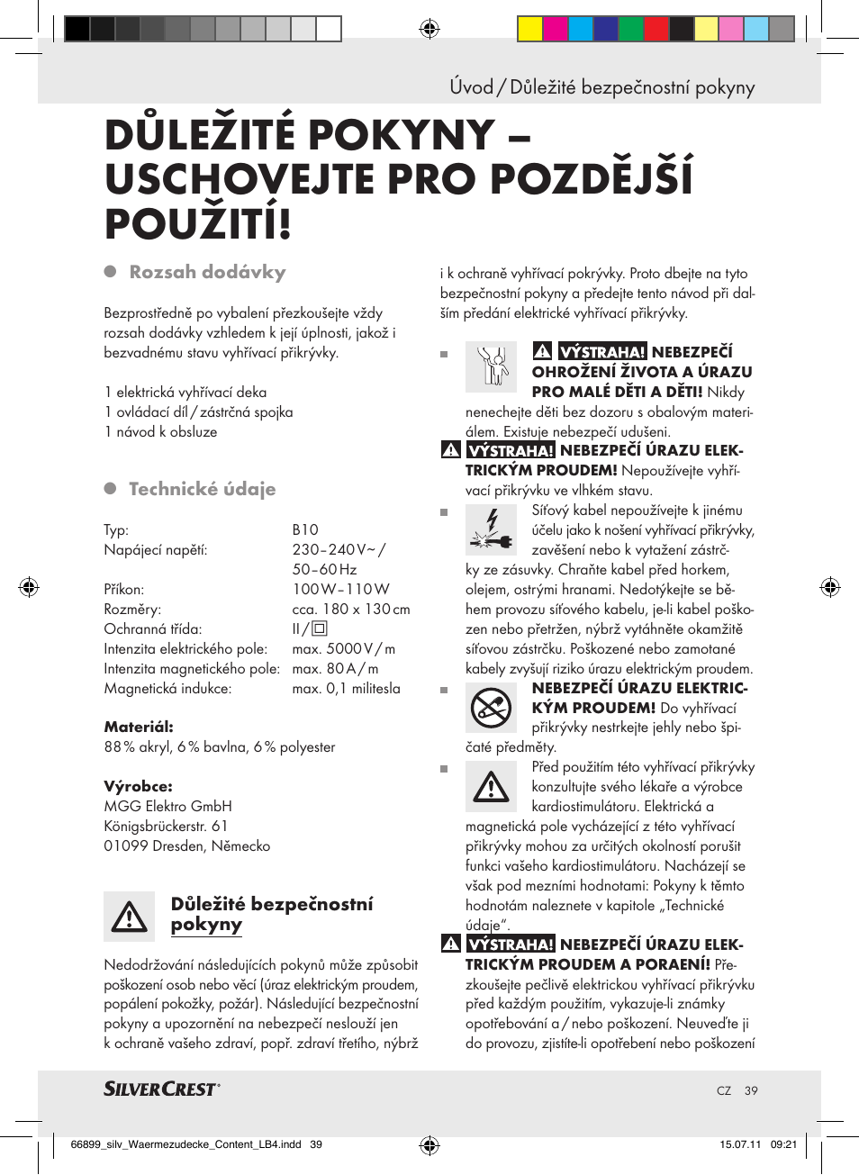 Důležité pokyny – uschovejte pro pozdější použití, Úvod / důležité bezpečnostní pokyny | Silvercrest Electric Blanket User Manual | Page 35 / 56