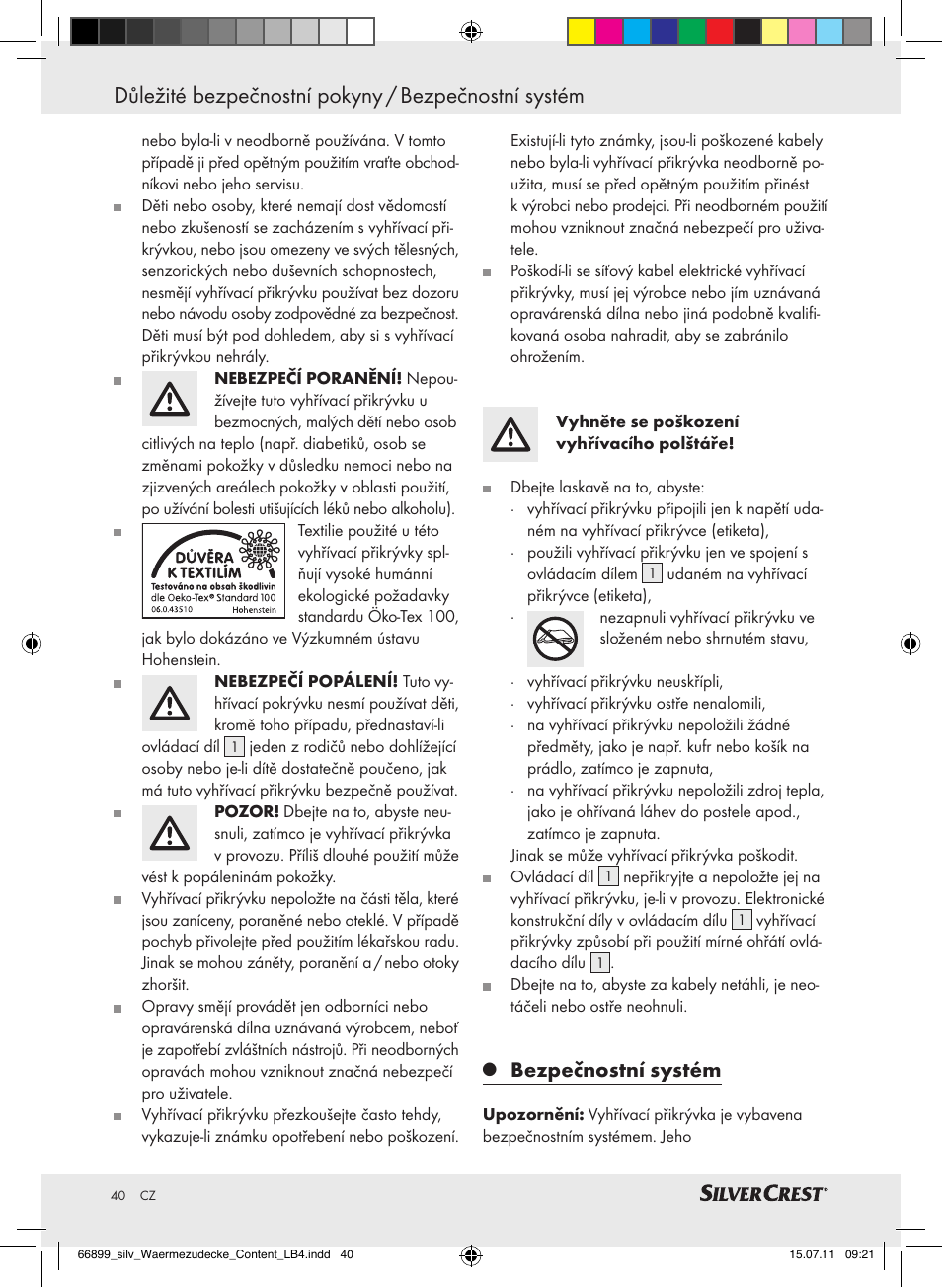 Důležité bezpečnostní pokyny / bezpečnostní systém, Bezpečnostní systém | Silvercrest Electric Blanket User Manual | Page 36 / 56