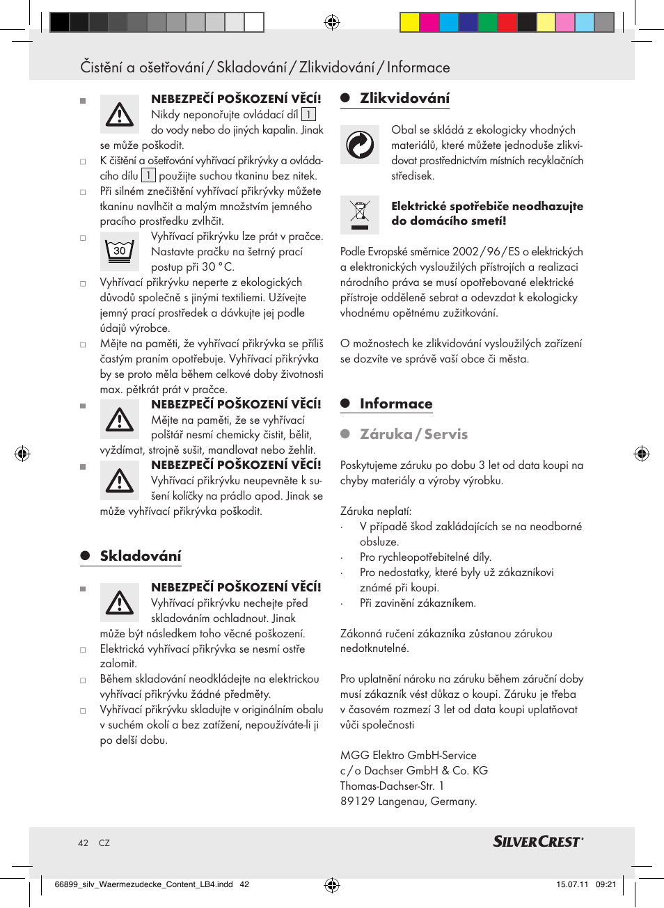 Skladování, Zlikvidování, Informace | Záruka / servis | Silvercrest Electric Blanket User Manual | Page 38 / 56