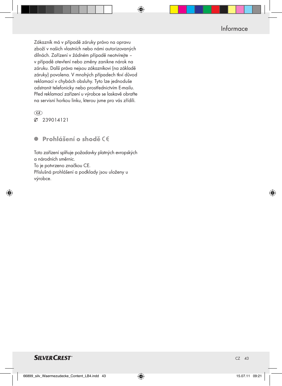 Informace, Prohlášení o shodě | Silvercrest Electric Blanket User Manual | Page 39 / 56