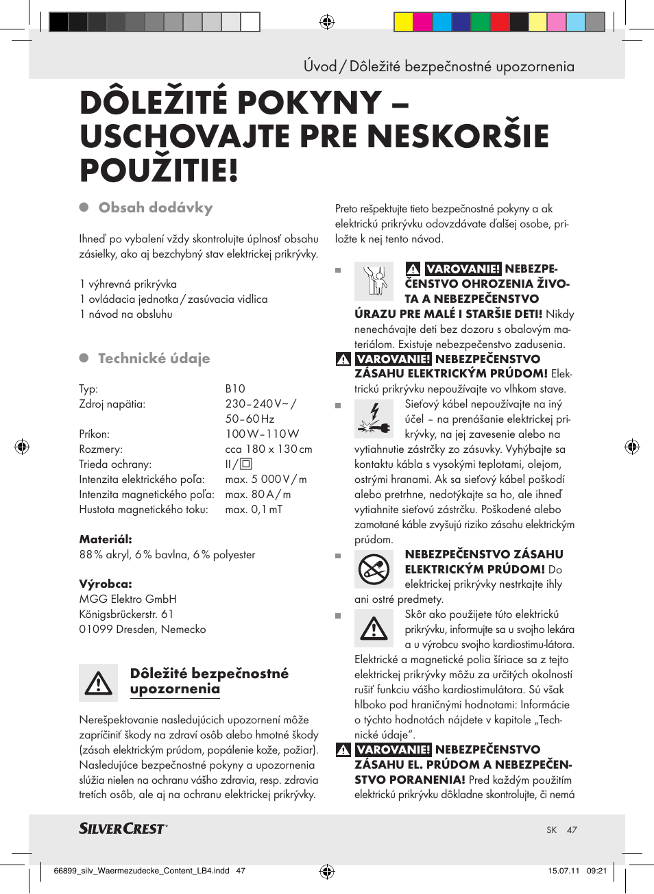 Úvod / dôležité bezpečnostné upozornenia | Silvercrest Electric Blanket User Manual | Page 43 / 56