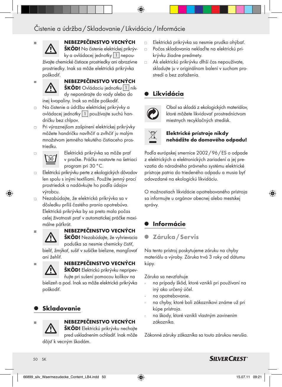 Skladovanie, Likvidácia, Informácie | Záruka / servis | Silvercrest Electric Blanket User Manual | Page 46 / 56