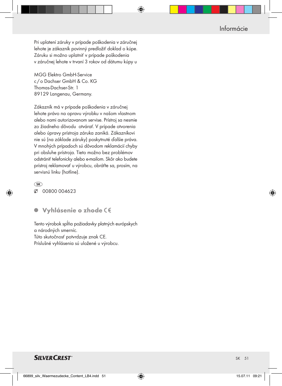 Informácie, Vyhlásenie o zhode | Silvercrest Electric Blanket User Manual | Page 47 / 56