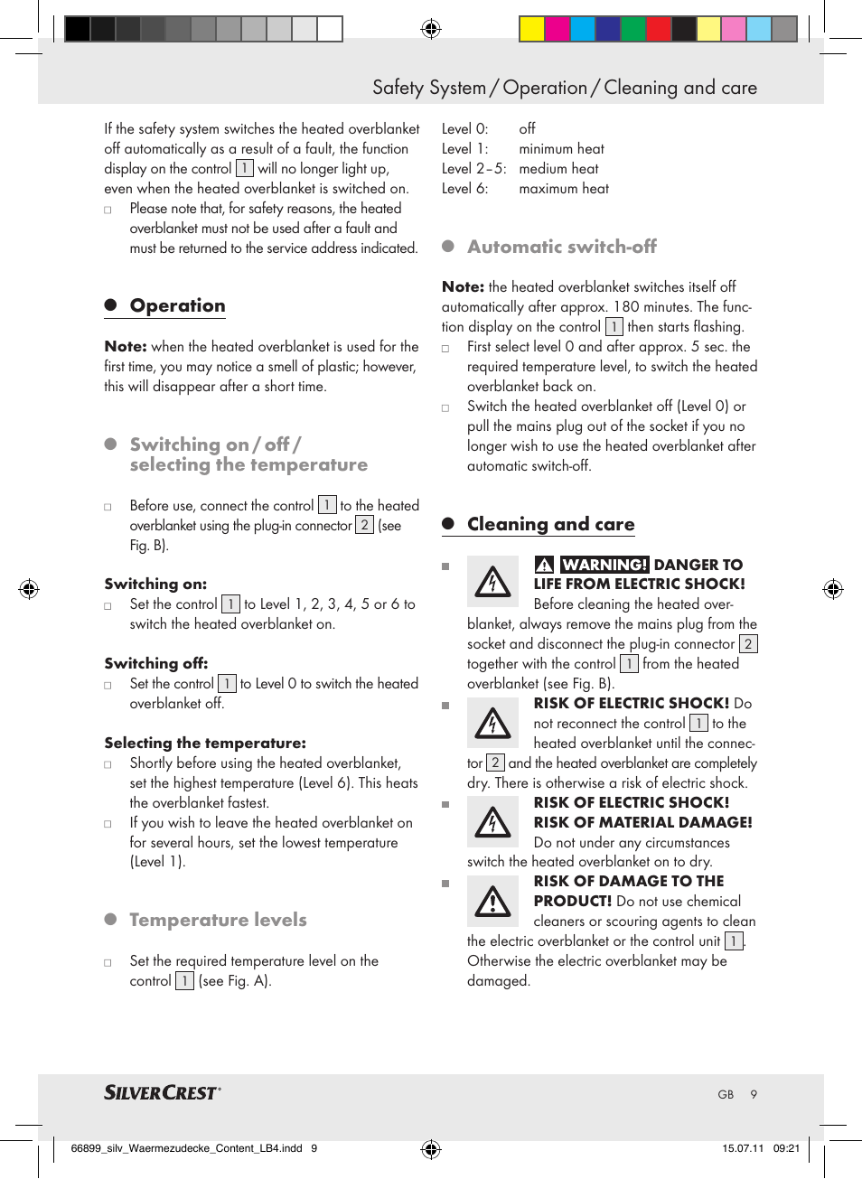 Safety system / operation / cleaning and care, Operation, Switching on / off / selecting the temperature | Temperature levels, Automatic switch-off, Cleaning and care | Silvercrest Electric Blanket User Manual | Page 5 / 56