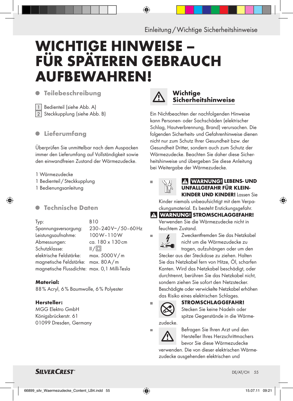 Einleitung / wichtige sicherheitshinweise | Silvercrest Electric Blanket User Manual | Page 51 / 56