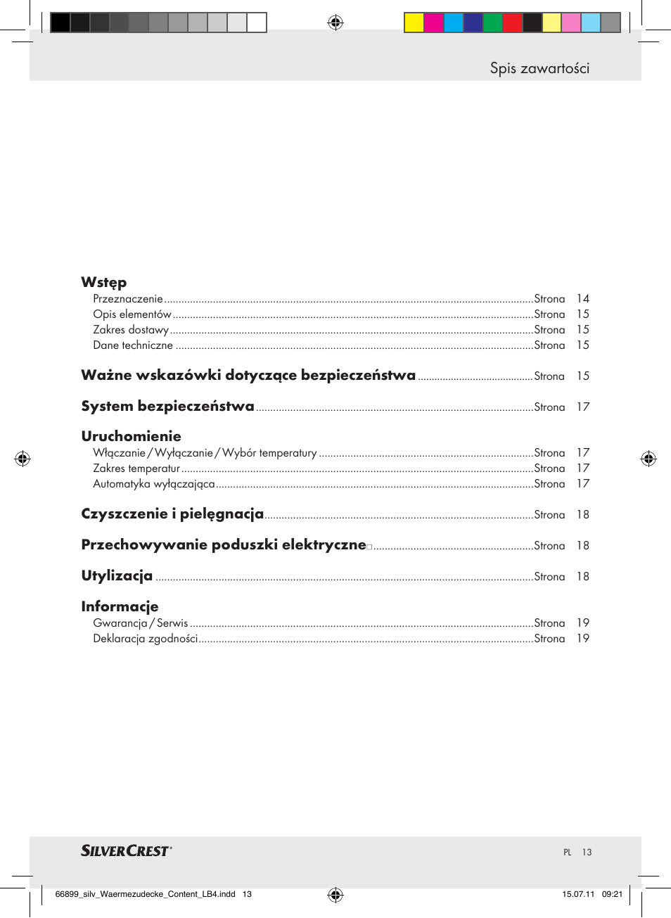 Spis zawartości | Silvercrest Electric Blanket User Manual | Page 9 / 56