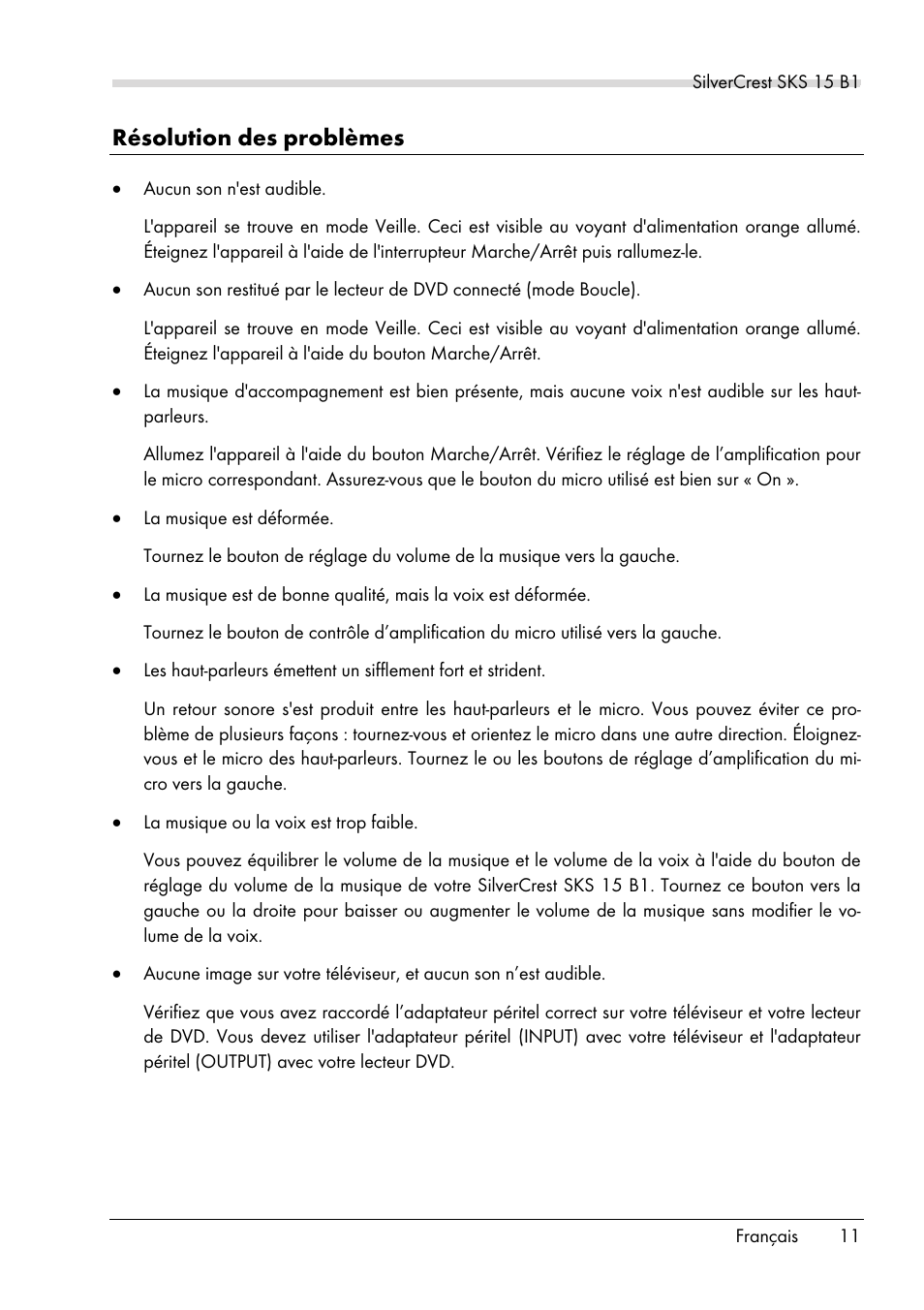 Résolution des problèmes | Silvercrest SKS 15 B1 User Manual | Page 13 / 52