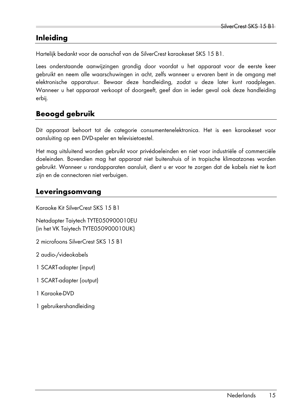 Inleiding, Beoogd gebruik, Leveringsomvang | Silvercrest SKS 15 B1 User Manual | Page 17 / 52