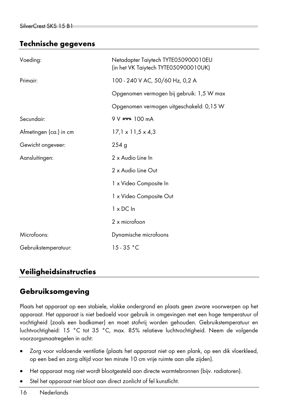 Technische gegevens, Veiligheidsinstructies gebruiksomgeving | Silvercrest SKS 15 B1 User Manual | Page 18 / 52