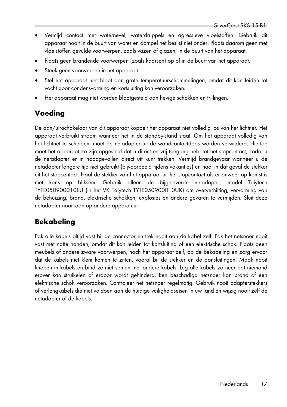 Voeding, Bekabeling | Silvercrest SKS 15 B1 User Manual | Page 19 / 52