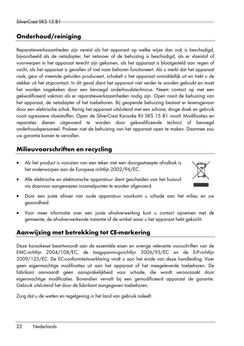 Onderhoud/reiniging, Milieuvoorschriften en recycling, Aanwijzing met betrekking tot ce-markering | Silvercrest SKS 15 B1 User Manual | Page 24 / 52