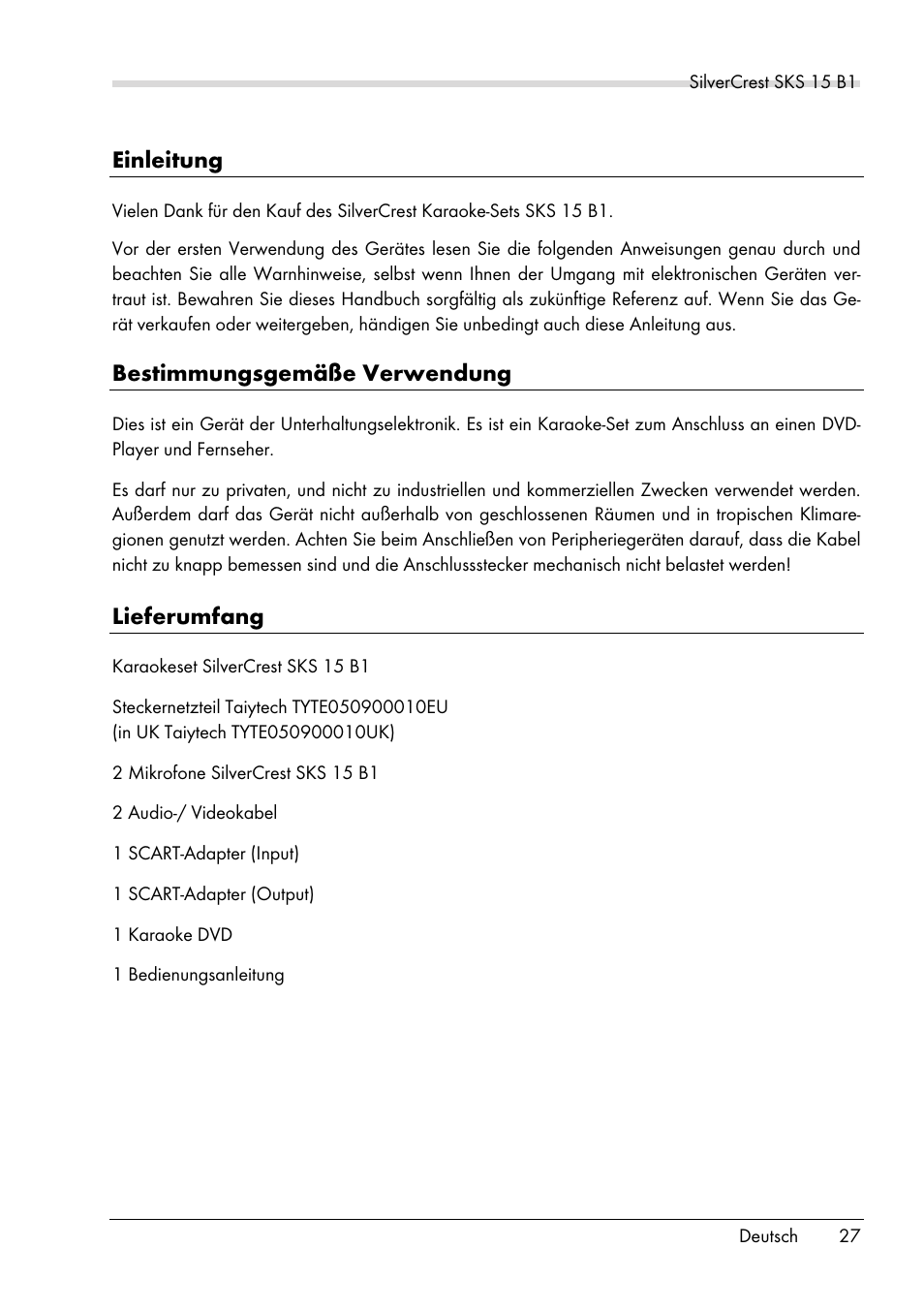 Einleitung, Bestimmungsgemäße verwendung, Lieferumfang | Silvercrest SKS 15 B1 User Manual | Page 29 / 52