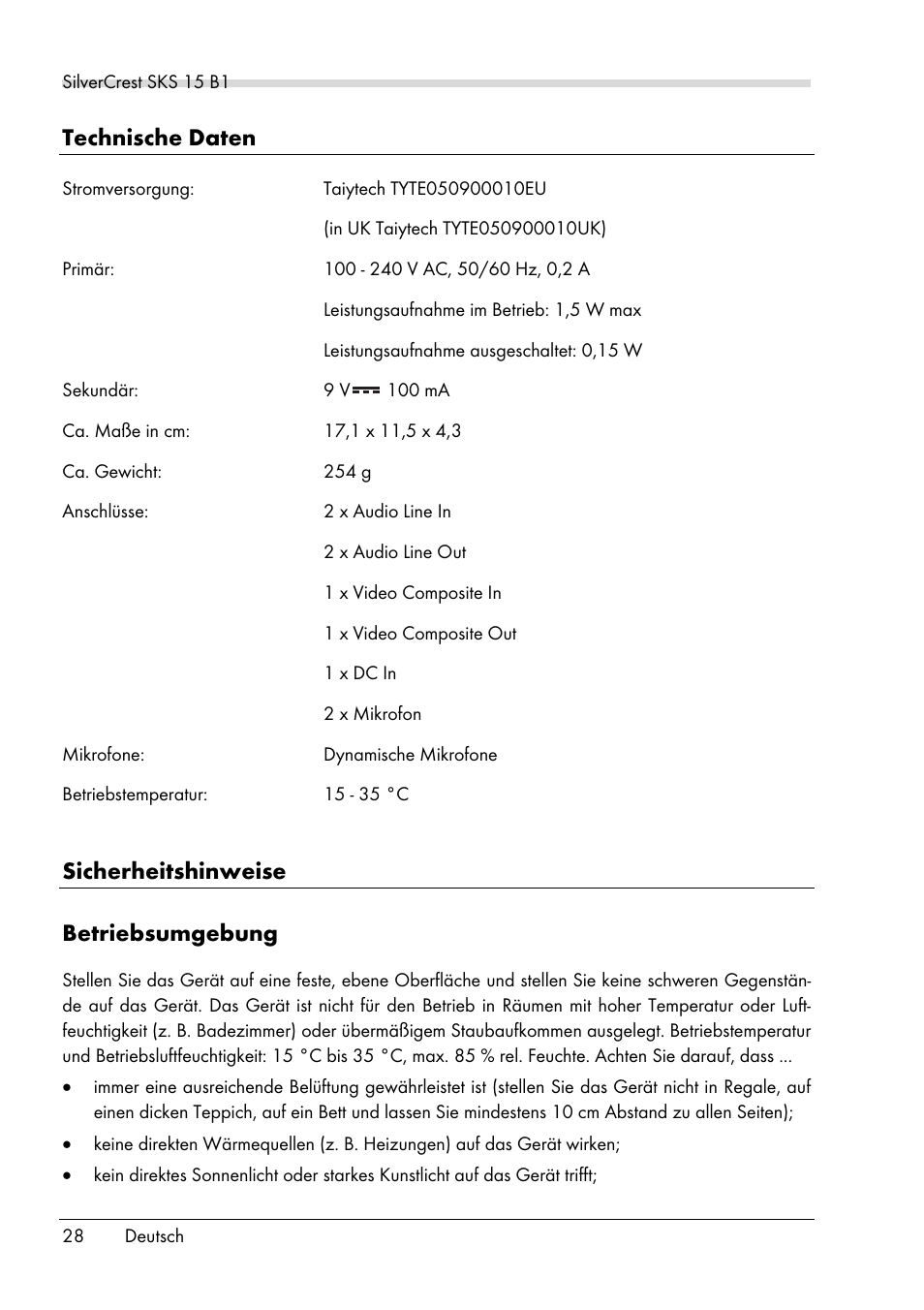 Technische daten, Sicherheitshinweise betriebsumgebung | Silvercrest SKS 15 B1 User Manual | Page 30 / 52