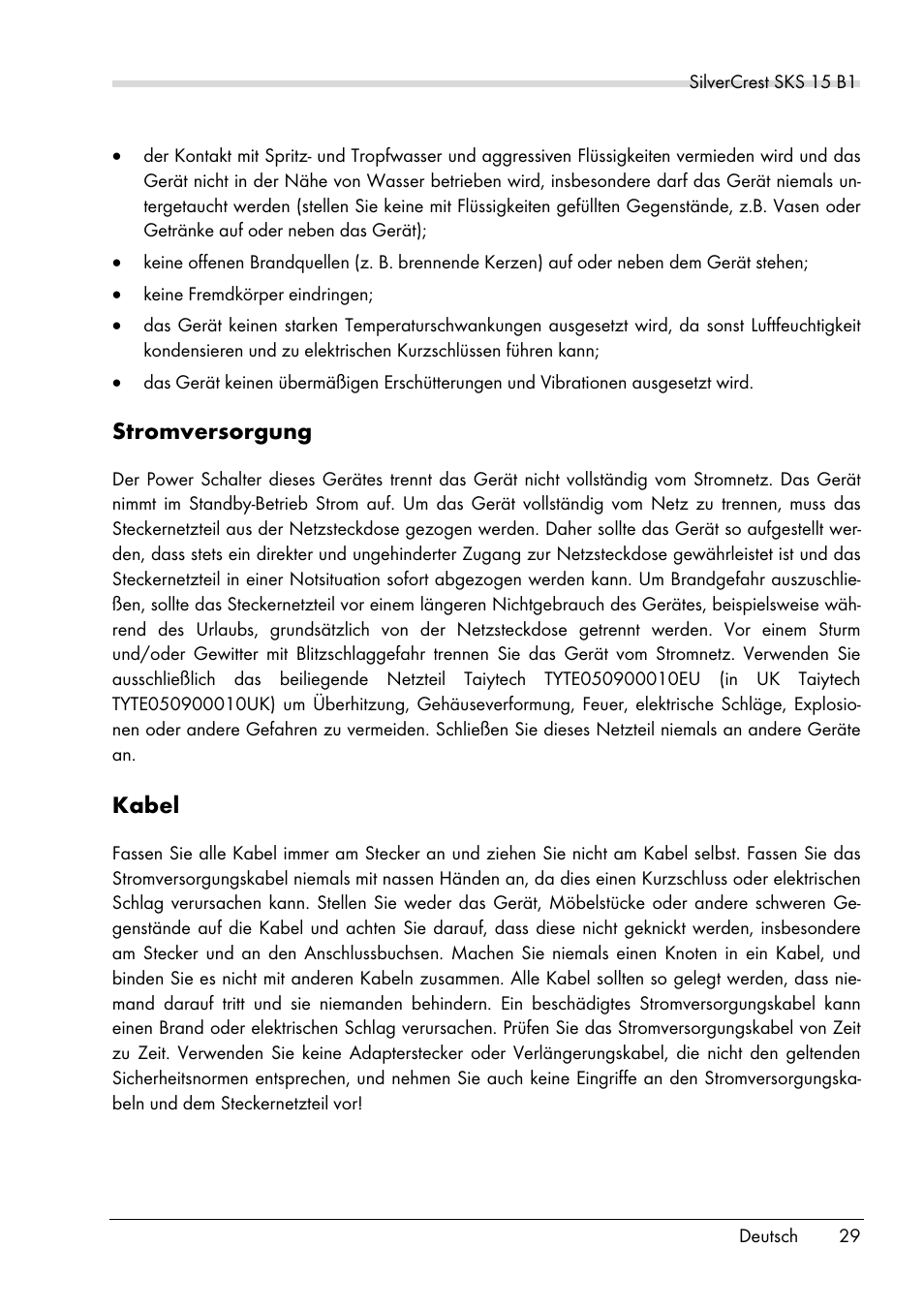 Stromversorgung, Kabel | Silvercrest SKS 15 B1 User Manual | Page 31 / 52