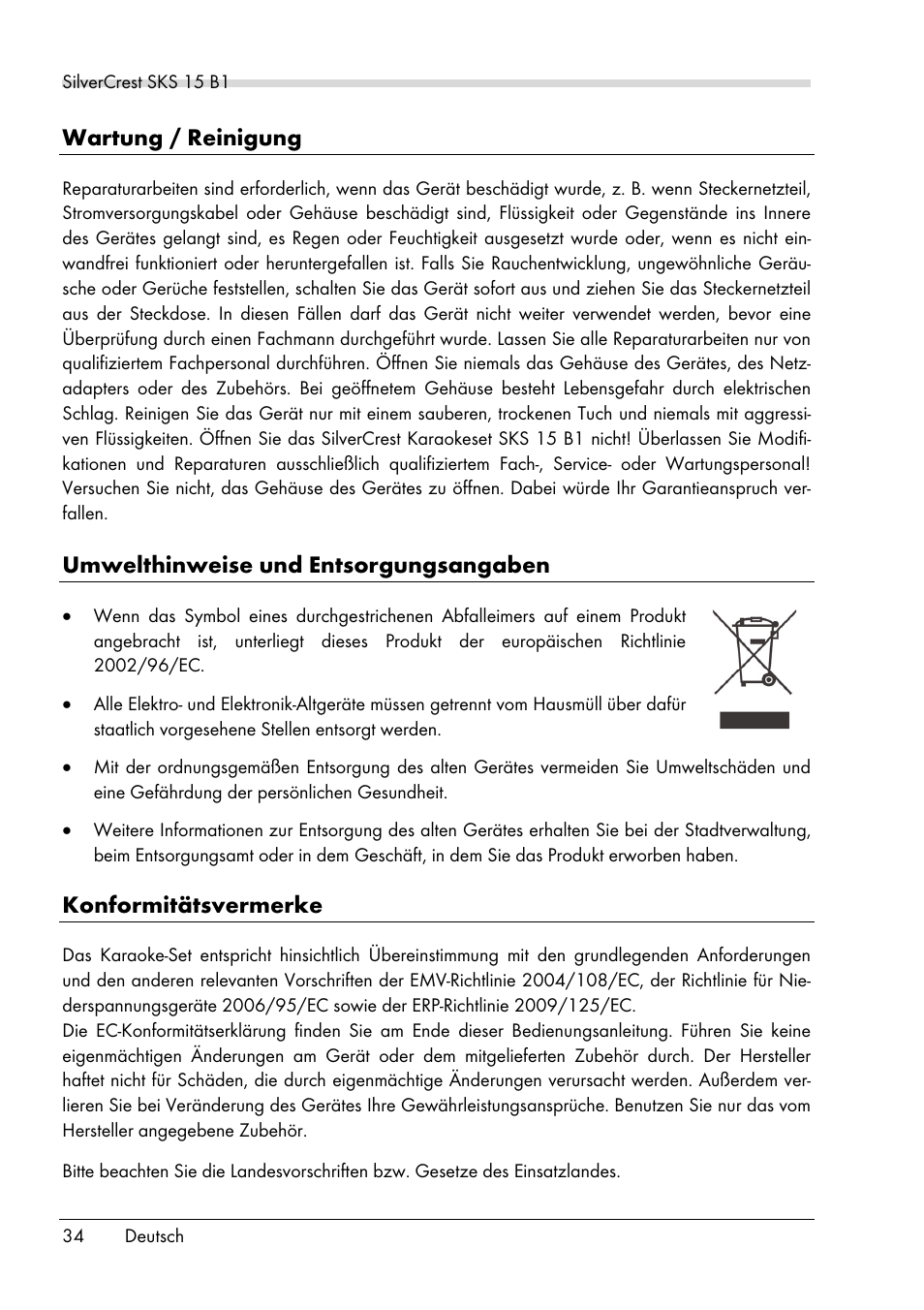 Wartung / reinigung, Umwelthinweise und entsorgungsangaben, Konformitätsvermerke | Silvercrest SKS 15 B1 User Manual | Page 36 / 52