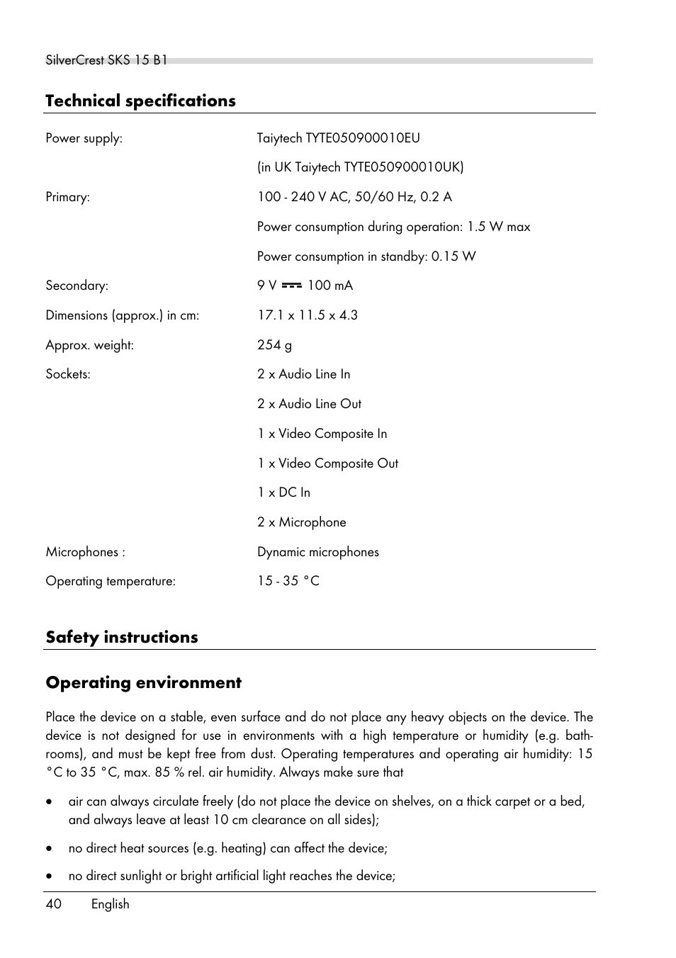 Technical specifications, Safety instructions operating environment | Silvercrest SKS 15 B1 User Manual | Page 42 / 52