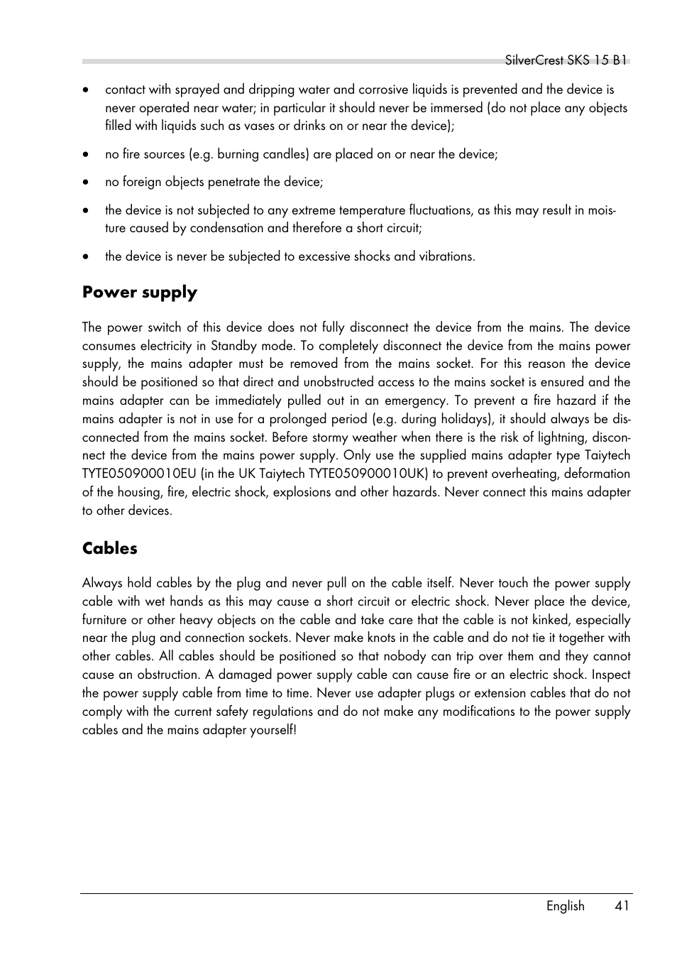 Power supply, Cables | Silvercrest SKS 15 B1 User Manual | Page 43 / 52