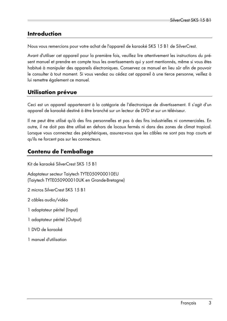 Introduction, Utilisation prévue, Contenu de l'emballage | Silvercrest SKS 15 B1 User Manual | Page 5 / 52