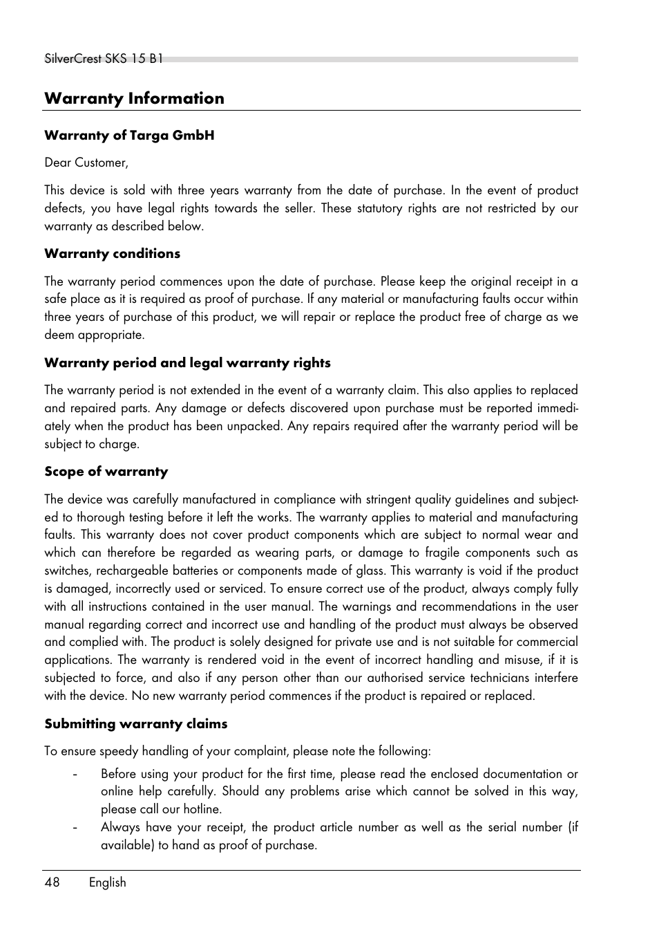 Warranty information | Silvercrest SKS 15 B1 User Manual | Page 50 / 52