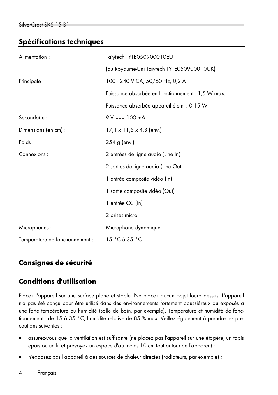 Spécifications techniques, Consignes de sécurité conditions d'utilisation | Silvercrest SKS 15 B1 User Manual | Page 6 / 52