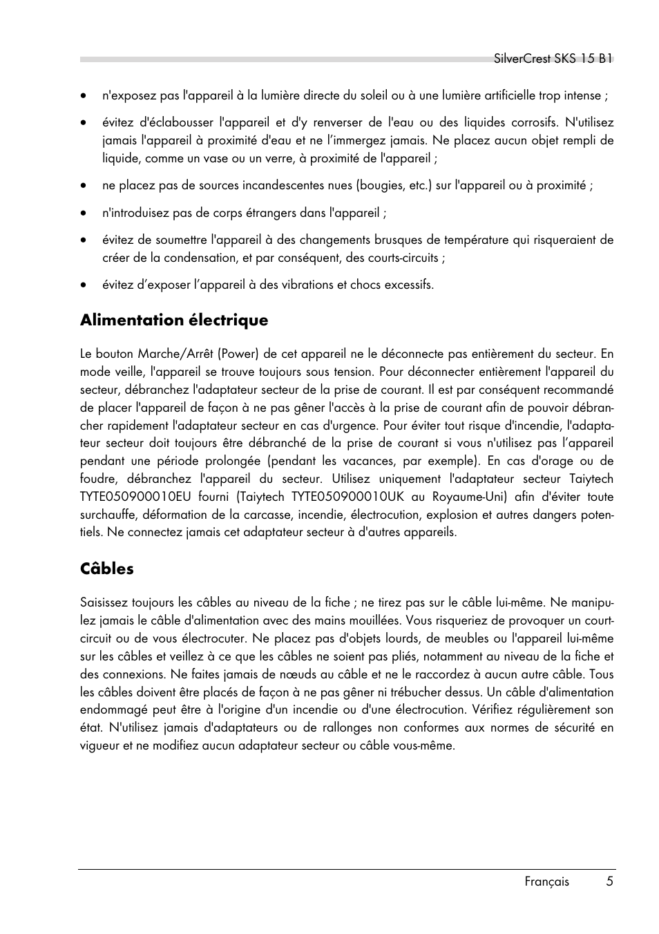 Alimentation électrique, Câbles | Silvercrest SKS 15 B1 User Manual | Page 7 / 52