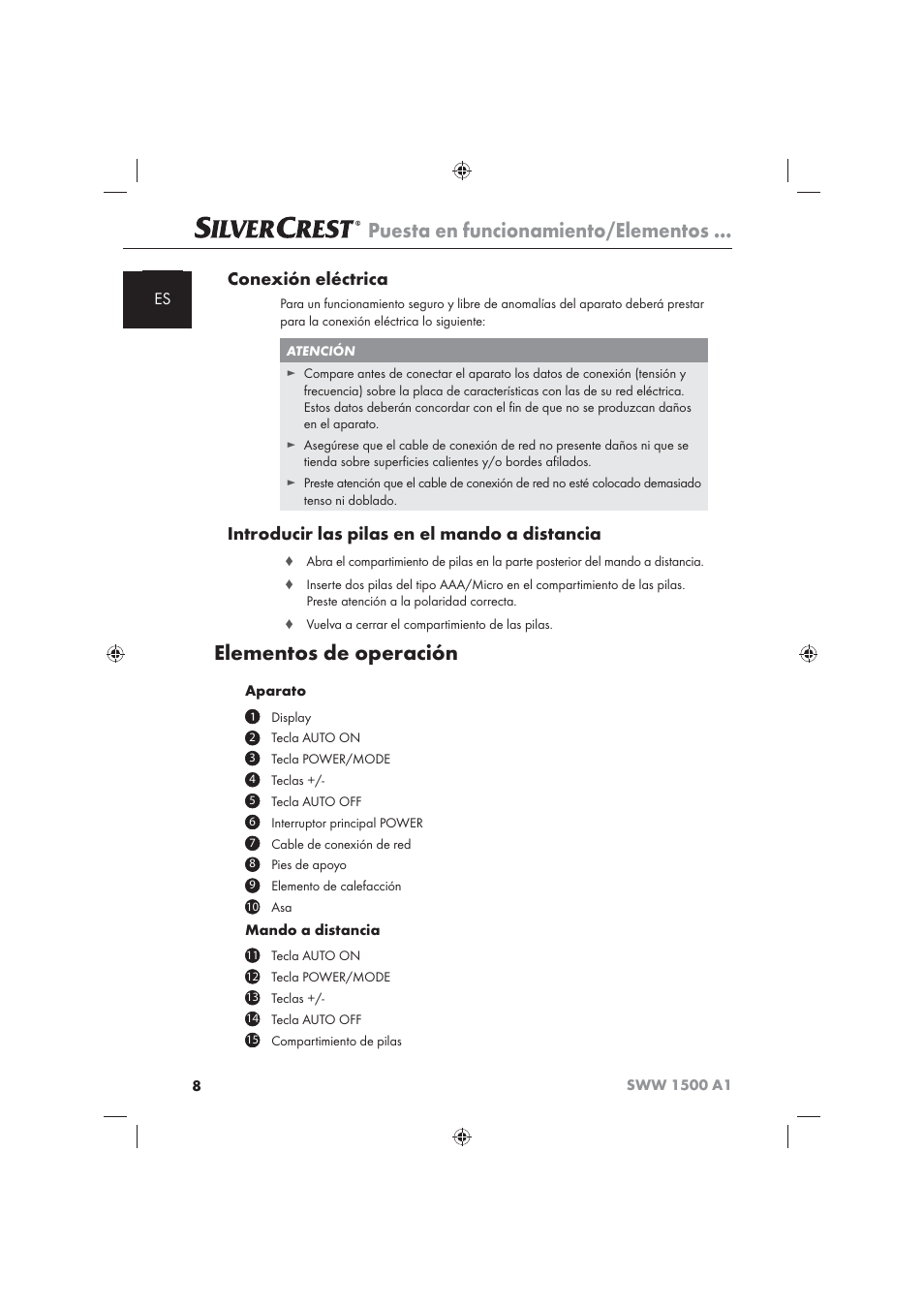 Puesta en funcionamiento/elementos, Elementos de operación, Conexión eléctrica | Introducir las pilas en el mando a distancia | Silvercrest SWW 1500 A1 User Manual | Page 10 / 92