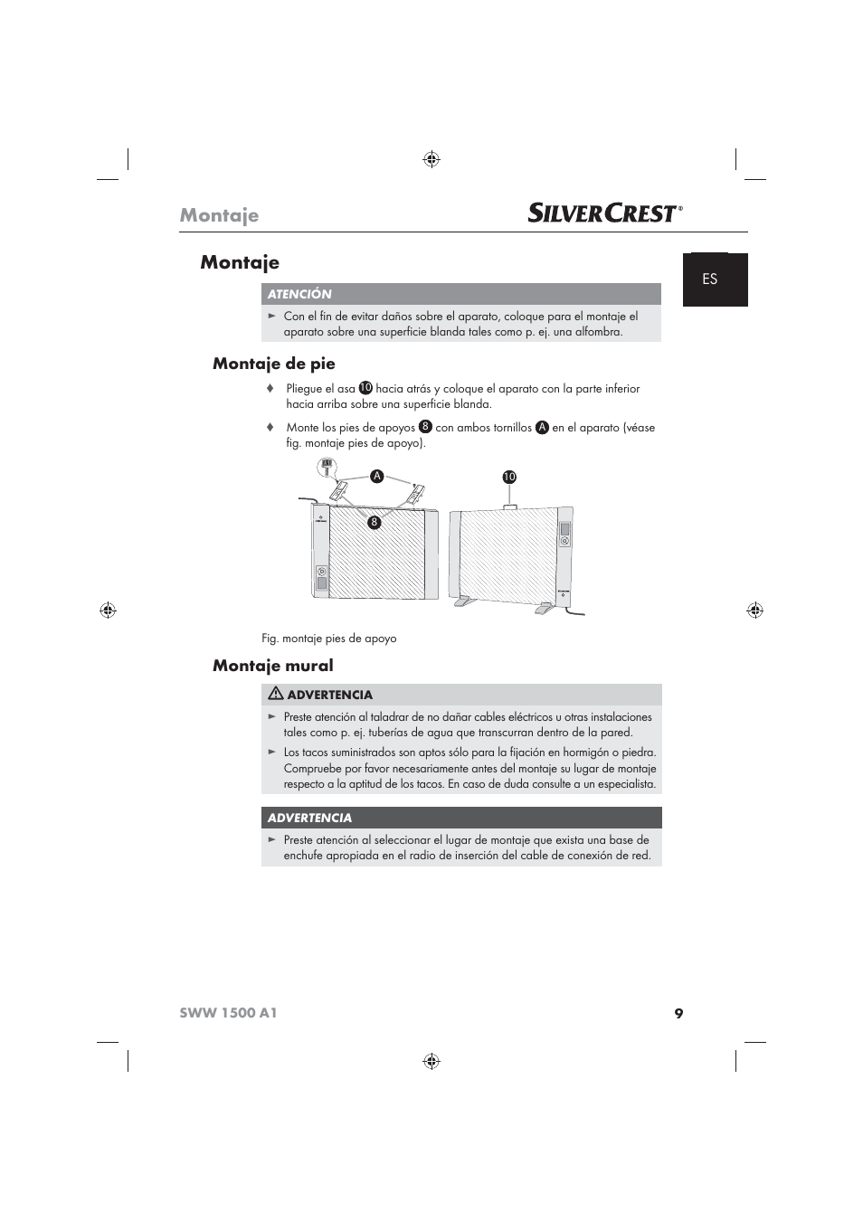 Montaje, Montaje de pie, Montaje mural | Silvercrest SWW 1500 A1 User Manual | Page 11 / 92