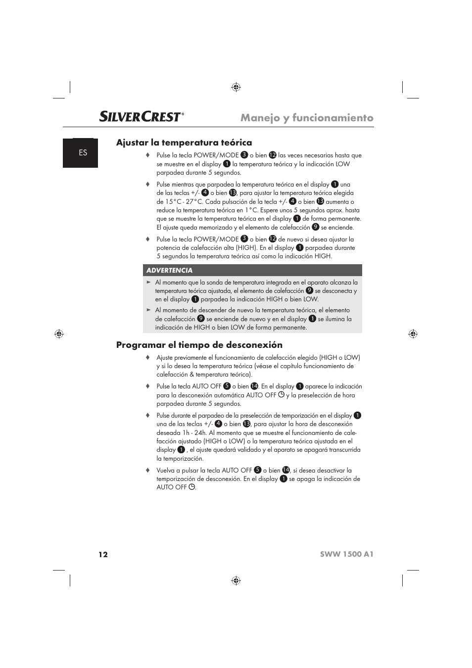 Manejo y funcionamiento, Ajustar la temperatura teórica, Programar el tiempo de desconexión | Silvercrest SWW 1500 A1 User Manual | Page 14 / 92