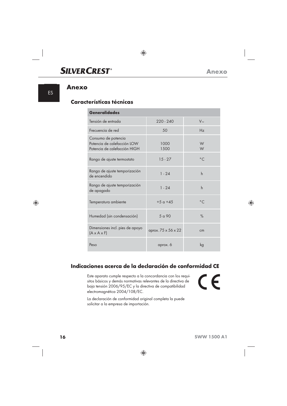 Anexo, Características técnicas | Silvercrest SWW 1500 A1 User Manual | Page 18 / 92