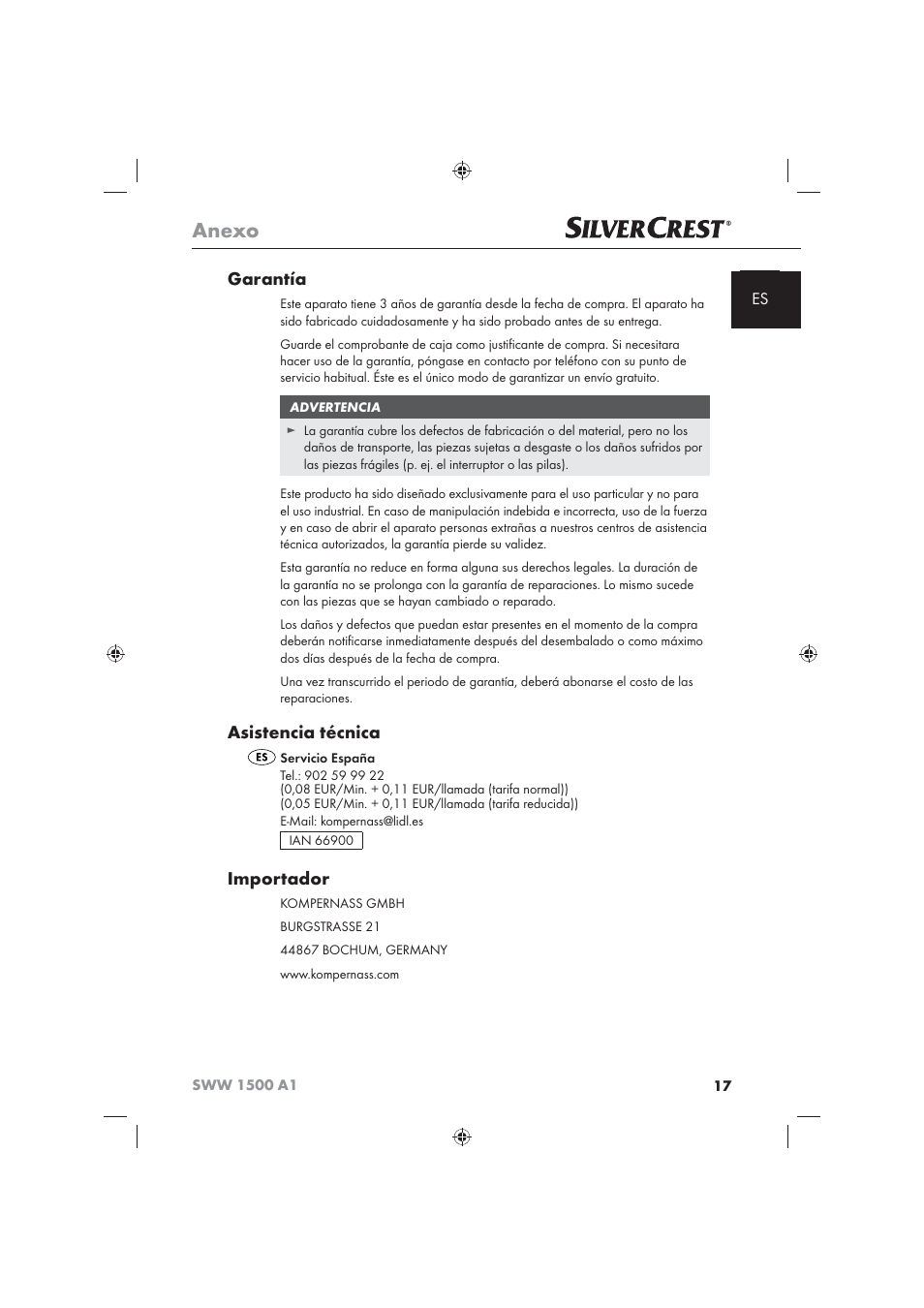 Anexo, Garantía, Asistencia técnica | Importador | Silvercrest SWW 1500 A1 User Manual | Page 19 / 92